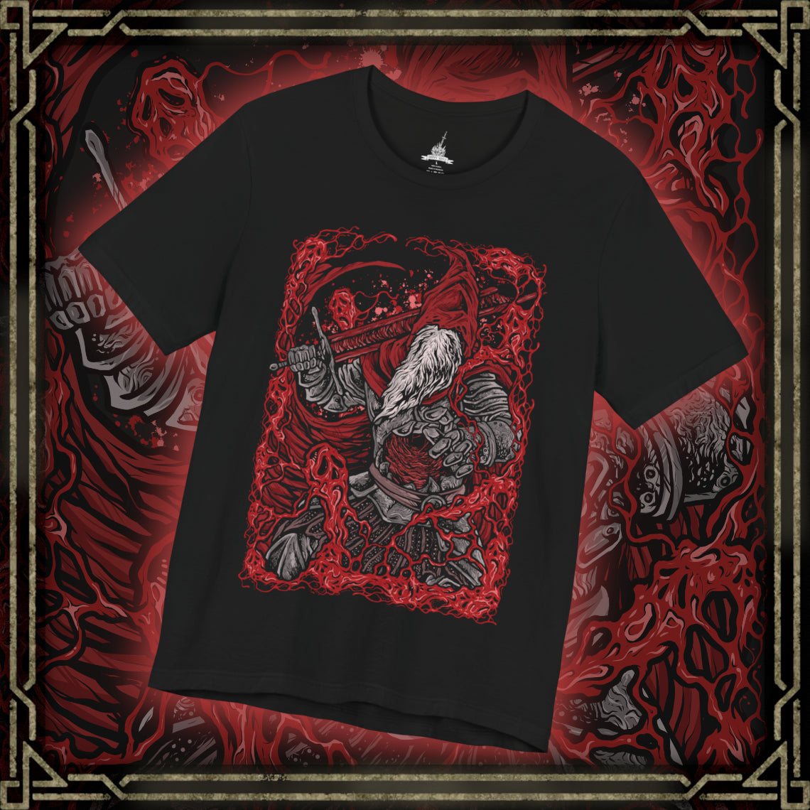 Thumbnail of a T-Shirt design of Slave Knight Gael, Devourer of the Dark Soul from Dark Souls III: The Ringed City, standing amid the desolate ruins at the end of the world. His battered armor, flowing red cloak, and enormous greatsword are surrounded by swirling ash and crimson light. The composition captures Gael's tragic transformation, relentless determination, and desperate hunt for the Dark Soul.
