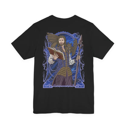 Image 5 of a T-shirt artwork depicting Gale practicing powerful spellcraft beneath a starlit sky while Tara the tressym hovers nearby with her feathered wings spread. Ancient spell circles glow across the ground as arcane light reflects off Gale’s robes. This design reflects the wizard’s mastery of magic, his scholarly curiosity, and the quiet companionship of his ever-watchful feline familiar.