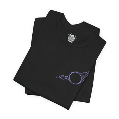 Image 6 of a T-shirt artwork depicting Gale practicing powerful spellcraft beneath a starlit sky while Tara the tressym hovers nearby with her feathered wings spread. Ancient spell circles glow across the ground as arcane light reflects off Gale’s robes. This design reflects the wizard’s mastery of magic, his scholarly curiosity, and the quiet companionship of his ever-watchful feline familiar.