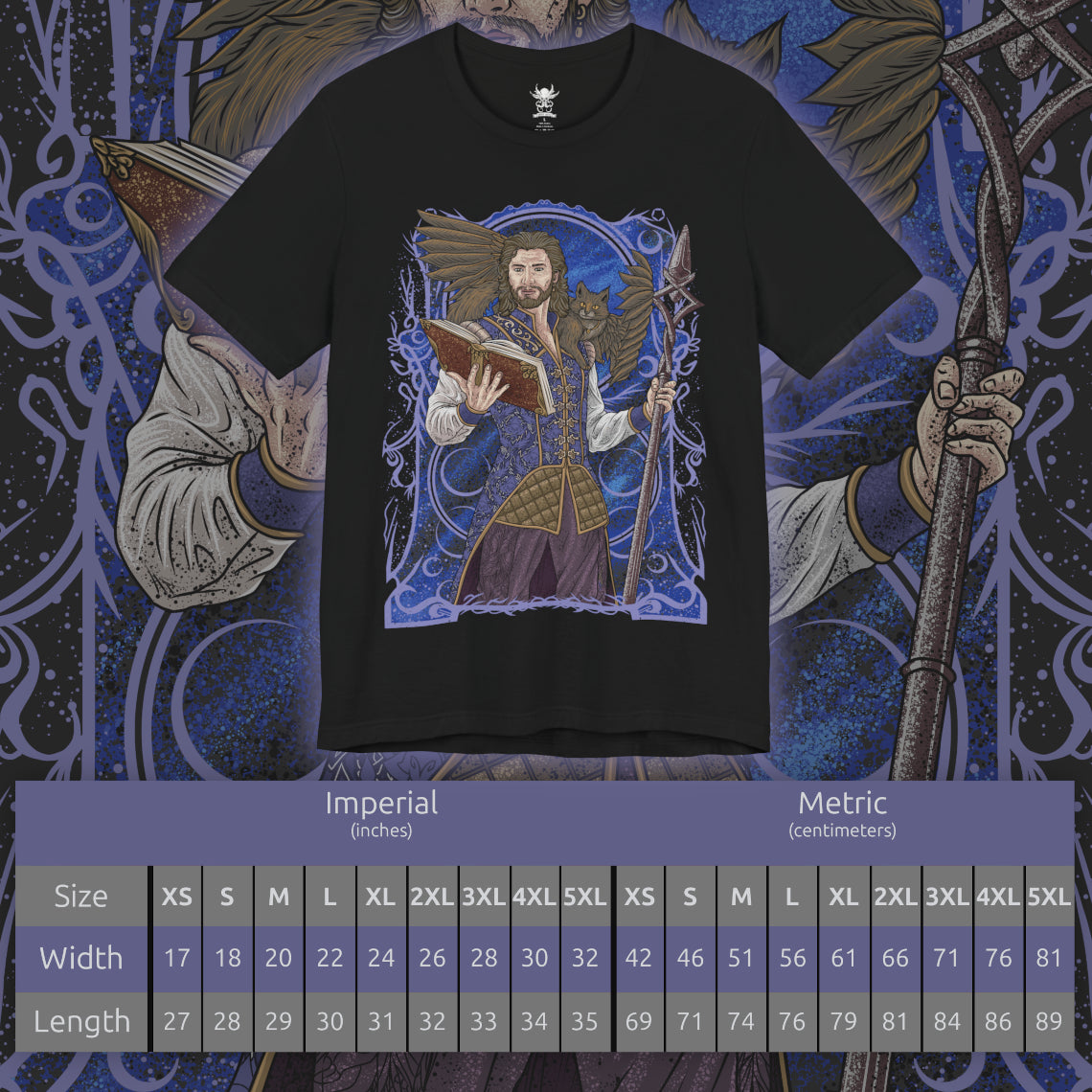 Size chart of a T-shirt artwork depicting Gale practicing powerful spellcraft beneath a starlit sky while Tara the tressym hovers nearby with her feathered wings spread. Ancient spell circles glow across the ground as arcane light reflects off Gale’s robes. This design reflects the wizard’s mastery of magic, his scholarly curiosity, and the quiet companionship of his ever-watchful feline familiar.