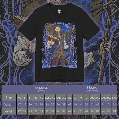 Size chart of a T-shirt artwork depicting Gale practicing powerful spellcraft beneath a starlit sky while Tara the tressym hovers nearby with her feathered wings spread. Ancient spell circles glow across the ground as arcane light reflects off Gale’s robes. This design reflects the wizard’s mastery of magic, his scholarly curiosity, and the quiet companionship of his ever-watchful feline familiar.