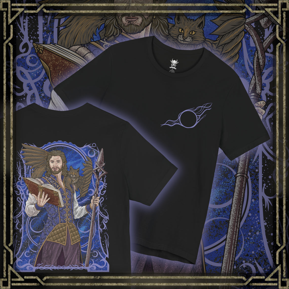 Thumbnail of a T-shirt artwork depicting Gale practicing powerful spellcraft beneath a starlit sky while Tara the tressym hovers nearby with her feathered wings spread. Ancient spell circles glow across the ground as arcane light reflects off Gale’s robes. This design reflects the wizard’s mastery of magic, his scholarly curiosity, and the quiet companionship of his ever-watchful feline familiar.