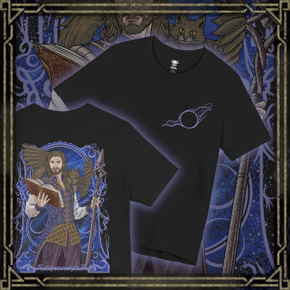 Thumbnail of a T-shirt artwork depicting Gale practicing powerful spellcraft beneath a starlit sky while Tara the tressym hovers nearby with her feathered wings spread. Ancient spell circles glow across the ground as arcane light reflects off Gale’s robes. This design reflects the wizard’s mastery of magic, his scholarly curiosity, and the quiet companionship of his ever-watchful feline familiar.