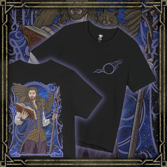 Thumbnail of a T-shirt artwork depicting Gale practicing powerful spellcraft beneath a starlit sky while Tara the tressym hovers nearby with her feathered wings spread. Ancient spell circles glow across the ground as arcane light reflects off Gale’s robes. This design reflects the wizard’s mastery of magic, his scholarly curiosity, and the quiet companionship of his ever-watchful feline familiar.