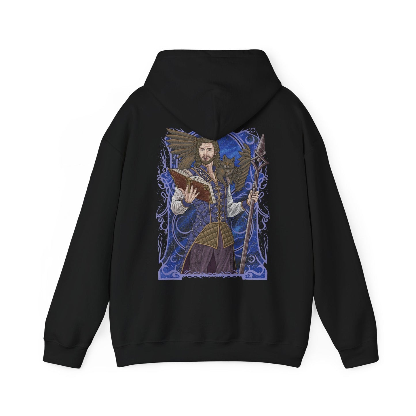 Image 5 of a Hooded Sweatshirt illustration of Gale and Tara framed by swirling magical energy and floating spellbooks, with the wizard channeling the Weave through glowing sigils while the winged tressym observes from his shoulder. The composition emphasizes friendship, arcane brilliance, and the whimsical yet powerful bond between mage and companion in the world of Baldur’s Gate 3.