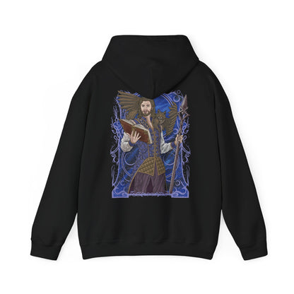 Image 5 of a Hooded Sweatshirt illustration of Gale and Tara framed by swirling magical energy and floating spellbooks, with the wizard channeling the Weave through glowing sigils while the winged tressym observes from his shoulder. The composition emphasizes friendship, arcane brilliance, and the whimsical yet powerful bond between mage and companion in the world of Baldur’s Gate 3.