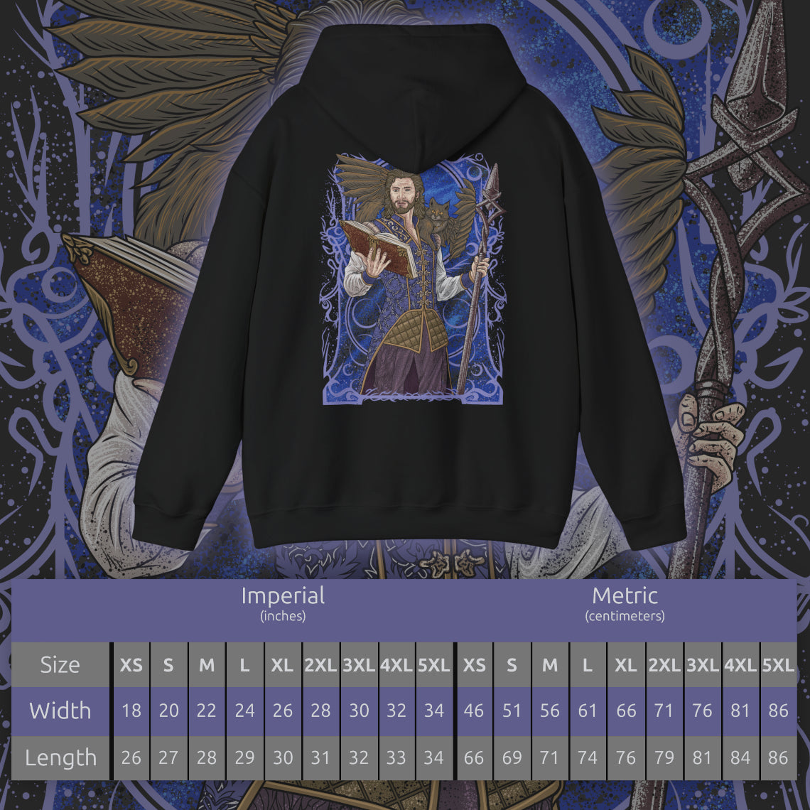 Size chart of a Hooded Sweatshirt illustration of Gale and Tara framed by swirling magical energy and floating spellbooks, with the wizard channeling the Weave through glowing sigils while the winged tressym observes from his shoulder. The composition emphasizes friendship, arcane brilliance, and the whimsical yet powerful bond between mage and companion in the world of Baldur’s Gate 3.
