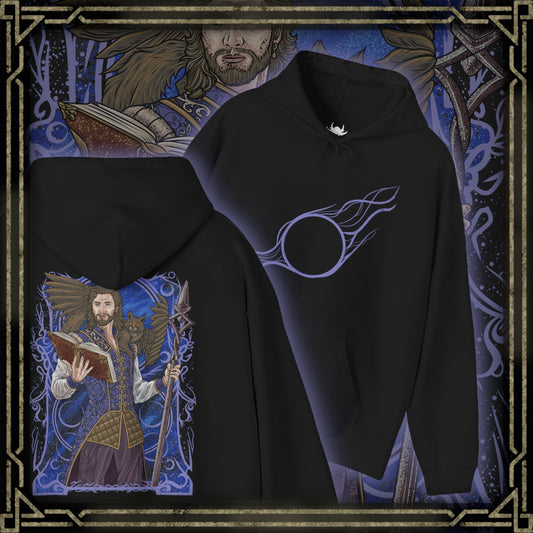 Thumbnail of a Hooded Sweatshirt illustration of Gale and Tara framed by swirling magical energy and floating spellbooks, with the wizard channeling the Weave through glowing sigils while the winged tressym observes from his shoulder. The composition emphasizes friendship, arcane brilliance, and the whimsical yet powerful bond between mage and companion in the world of Baldur’s Gate 3.