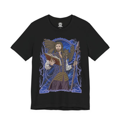 Image 4 of a T-shirt design of Gale of Waterdeep standing with his beloved tressym companion Tara perched beside him, surrounded by glowing arcane runes and drifting magical tomes. Gale’s hand crackles with controlled Weave energy while Tara watches with calm intelligence. The design captures the charm of the ambitious wizard and the loyal winged cat who keeps his magical ambitions grounded.