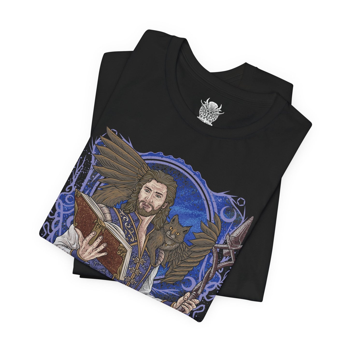 Image 5 of a T-shirt design of Gale of Waterdeep standing with his beloved tressym companion Tara perched beside him, surrounded by glowing arcane runes and drifting magical tomes. Gale’s hand crackles with controlled Weave energy while Tara watches with calm intelligence. The design captures the charm of the ambitious wizard and the loyal winged cat who keeps his magical ambitions grounded.