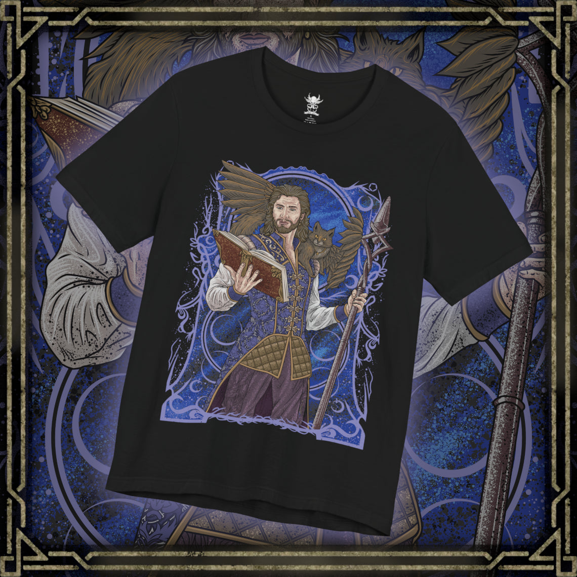 Thumbnail of a T-shirt design of Gale of Waterdeep standing with his beloved tressym companion Tara perched beside him, surrounded by glowing arcane runes and drifting magical tomes. Gale’s hand crackles with controlled Weave energy while Tara watches with calm intelligence. The design captures the charm of the ambitious wizard and the loyal winged cat who keeps his magical ambitions grounded.
