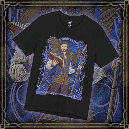 Thumbnail of a T-shirt design of Gale of Waterdeep standing with his beloved tressym companion Tara perched beside him, surrounded by glowing arcane runes and drifting magical tomes. Gale’s hand crackles with controlled Weave energy while Tara watches with calm intelligence. The design captures the charm of the ambitious wizard and the loyal winged cat who keeps his magical ambitions grounded.