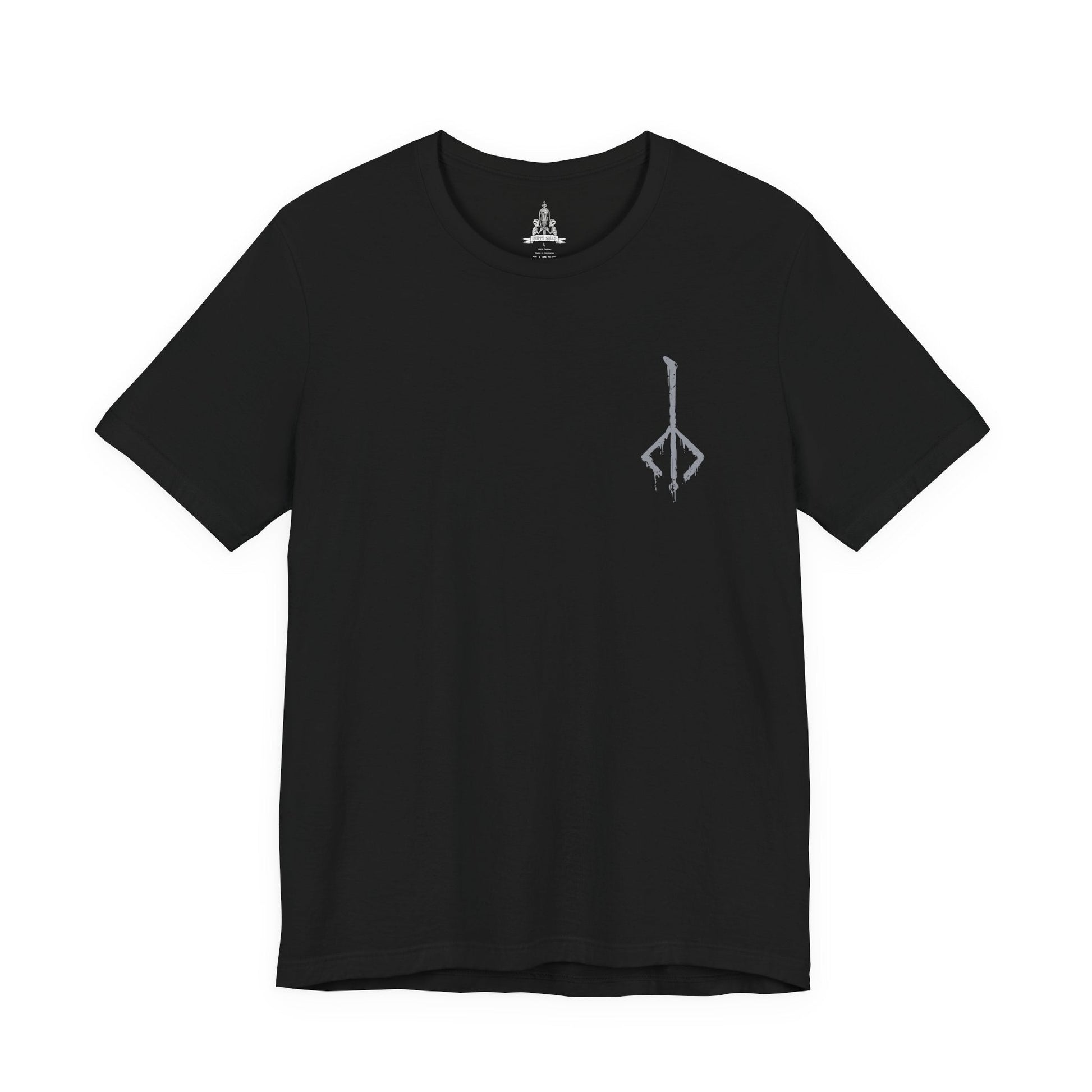 Image 4 of a T-shirt artwork depicting Gehrman rising from his wheelchair in the Hunter’s Dream, revealing his deadly speed and hidden strength as the Burial Blade unfolds. White blossoms scatter across the garden while the moon glows ominously overhead. This design reflects the sorrow of a man trapped between mercy and duty, forced to end hunts while longing for release from an unending cycle.