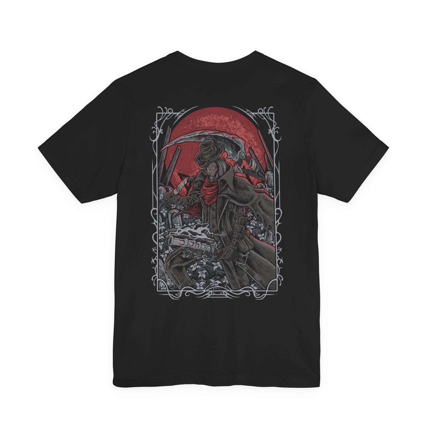 Image 5 of a T-shirt artwork depicting Gehrman rising from his wheelchair in the Hunter’s Dream, revealing his deadly speed and hidden strength as the Burial Blade unfolds. White blossoms scatter across the garden while the moon glows ominously overhead. This design reflects the sorrow of a man trapped between mercy and duty, forced to end hunts while longing for release from an unending cycle.