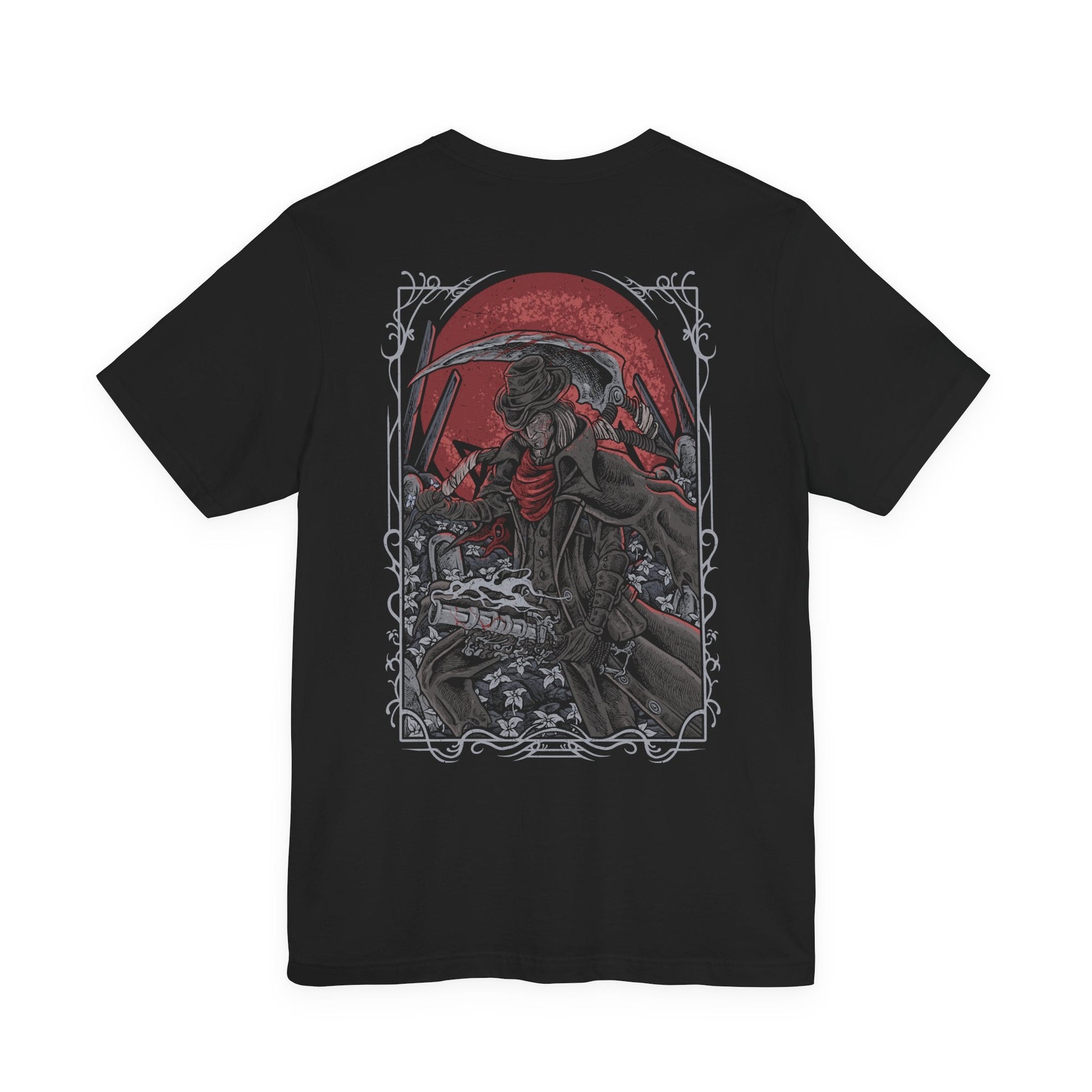 Image 5 of a T-shirt artwork depicting Gehrman rising from his wheelchair in the Hunter’s Dream, revealing his deadly speed and hidden strength as the Burial Blade unfolds. White blossoms scatter across the garden while the moon glows ominously overhead. This design reflects the sorrow of a man trapped between mercy and duty, forced to end hunts while longing for release from an unending cycle.