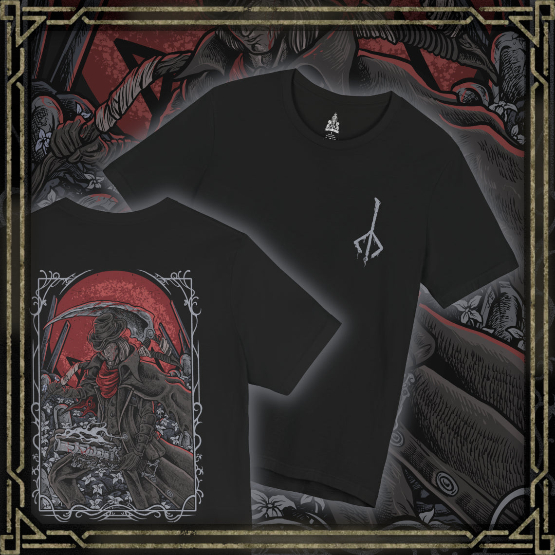 Thumbnail of a T-shirt artwork depicting Gehrman rising from his wheelchair in the Hunter’s Dream, revealing his deadly speed and hidden strength as the Burial Blade unfolds. White blossoms scatter across the garden while the moon glows ominously overhead. This design reflects the sorrow of a man trapped between mercy and duty, forced to end hunts while longing for release from an unending cycle.