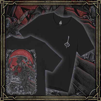 Thumbnail of a T-shirt artwork depicting Gehrman rising from his wheelchair in the Hunter’s Dream, revealing his deadly speed and hidden strength as the Burial Blade unfolds. White blossoms scatter across the garden while the moon glows ominously overhead. This design reflects the sorrow of a man trapped between mercy and duty, forced to end hunts while longing for release from an unending cycle.