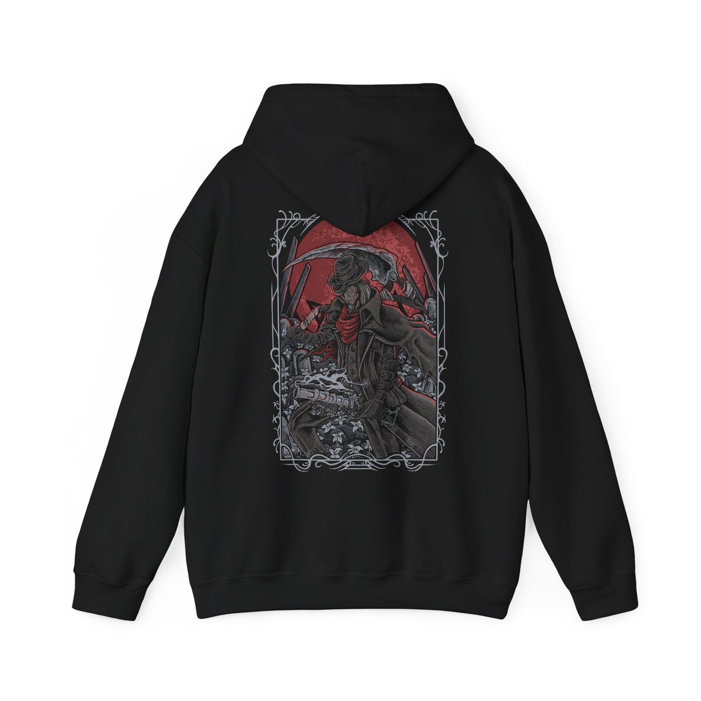 Image 5 of a Hooded Sweatshirt of Gehrman wielding the Burial Blade amid drifting petals in the Hunter’s Dream, his weathered face heavy with regret. The glowing moon hangs above twisted roots and crumbling stone, symbolizing the Moon Presence’s control over his fate. This design emphasizes the origin of the Hunt, Gehrman’s suffering, and the grim beauty of Bloodborne’s eternal nightmare.