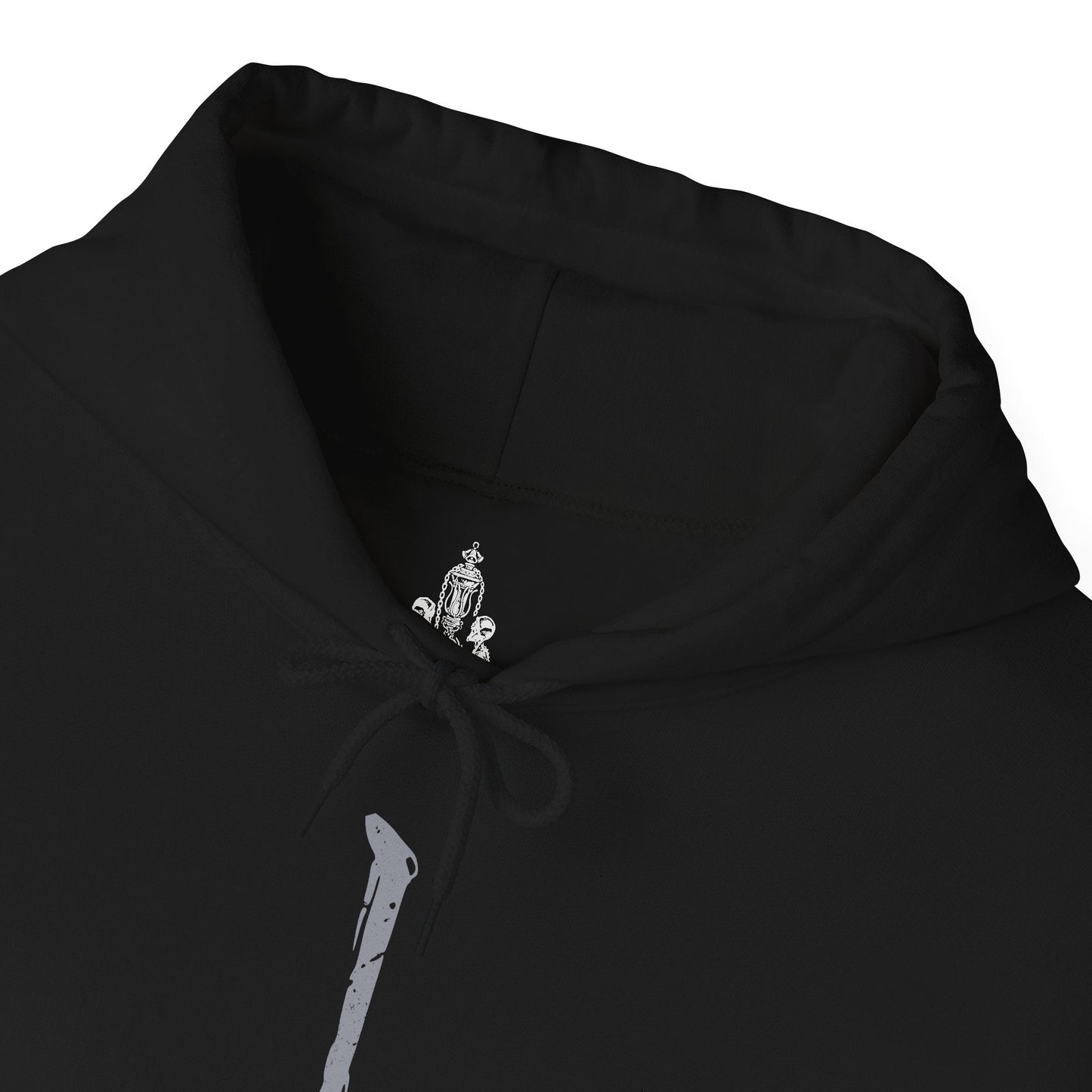 Folded Hooded Sweatshirt of Gehrman wielding the Burial Blade amid drifting petals in the Hunter’s Dream, his weathered face heavy with regret. The glowing moon hangs above twisted roots and crumbling stone, symbolizing the Moon Presence’s control over his fate. This design emphasizes the origin of the Hunt, Gehrman’s suffering, and the grim beauty of Bloodborne’s eternal nightmare.