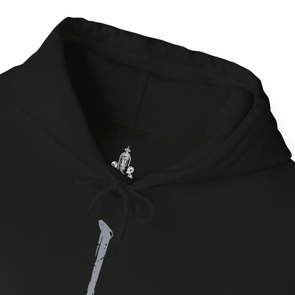 Folded Hooded Sweatshirt of Gehrman wielding the Burial Blade amid drifting petals in the Hunter’s Dream, his weathered face heavy with regret. The glowing moon hangs above twisted roots and crumbling stone, symbolizing the Moon Presence’s control over his fate. This design emphasizes the origin of the Hunt, Gehrman’s suffering, and the grim beauty of Bloodborne’s eternal nightmare.
