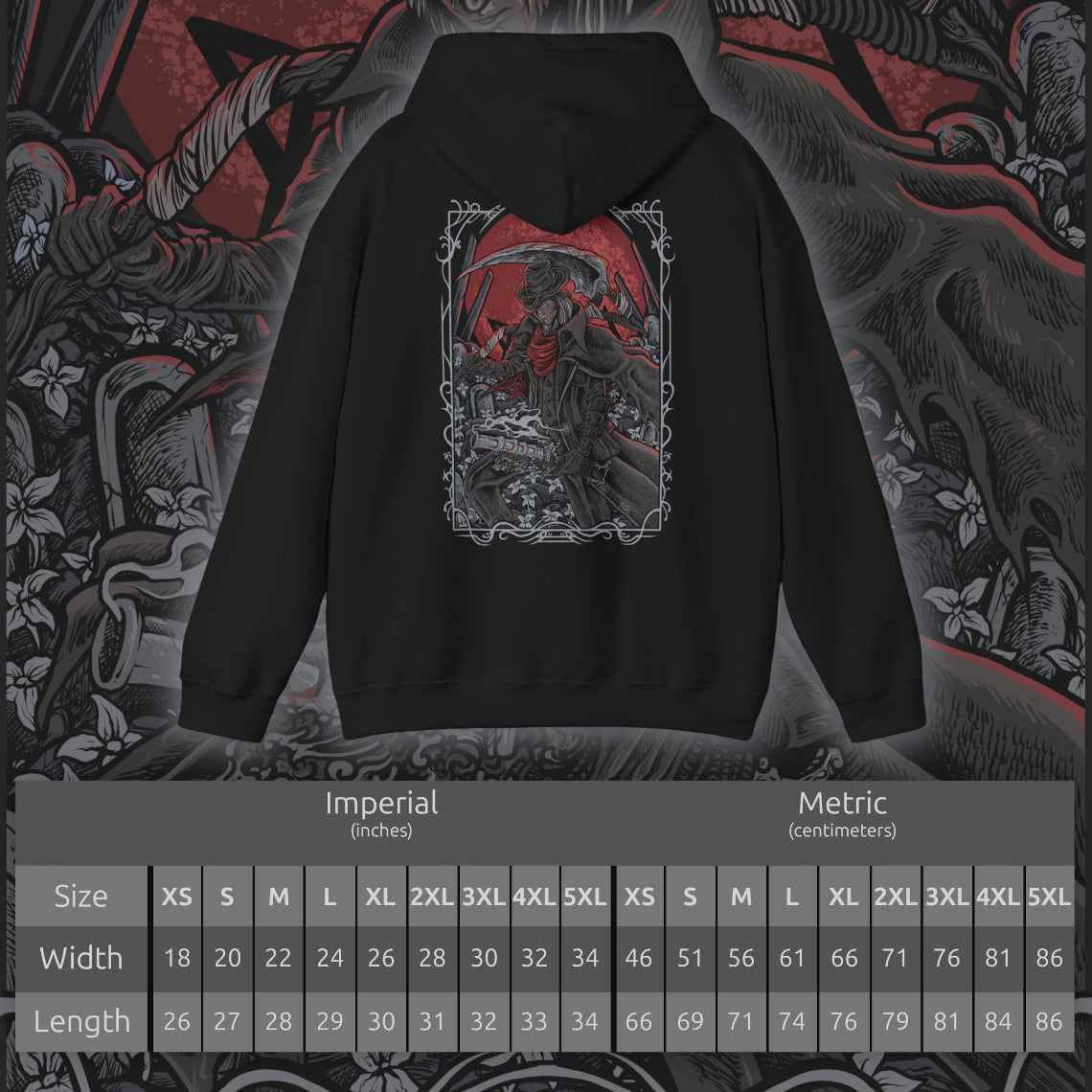 Size chart of a Hooded Sweatshirt of Gehrman wielding the Burial Blade amid drifting petals in the Hunter’s Dream, his weathered face heavy with regret. The glowing moon hangs above twisted roots and crumbling stone, symbolizing the Moon Presence’s control over his fate. This design emphasizes the origin of the Hunt, Gehrman’s suffering, and the grim beauty of Bloodborne’s eternal nightmare.