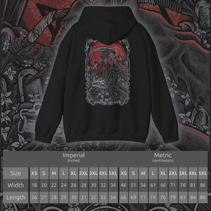 Size chart of a Hooded Sweatshirt of Gehrman wielding the Burial Blade amid drifting petals in the Hunter’s Dream, his weathered face heavy with regret. The glowing moon hangs above twisted roots and crumbling stone, symbolizing the Moon Presence’s control over his fate. This design emphasizes the origin of the Hunt, Gehrman’s suffering, and the grim beauty of Bloodborne’s eternal nightmare.