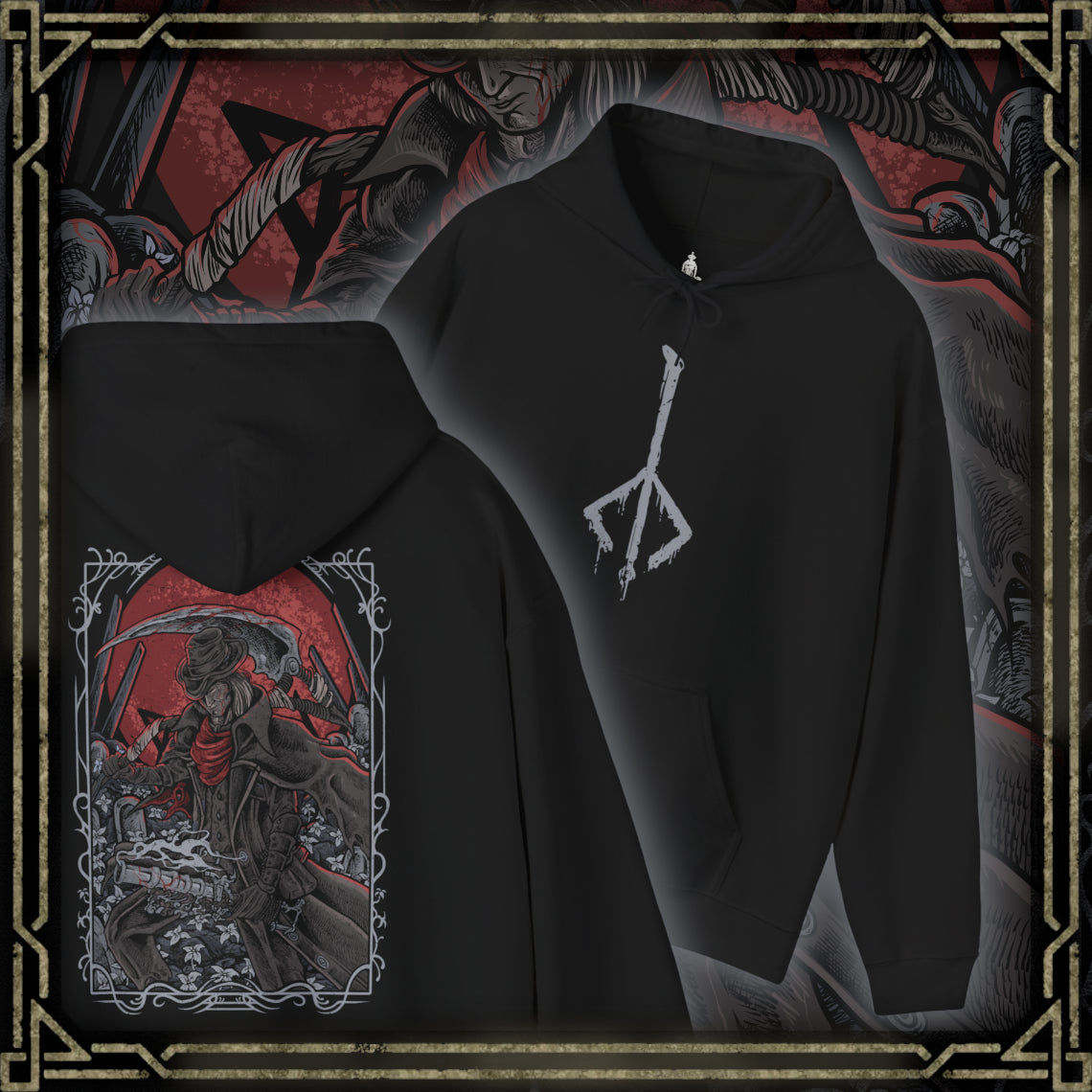 Thumbnail of a Hooded Sweatshirt of Gehrman wielding the Burial Blade amid drifting petals in the Hunter’s Dream, his weathered face heavy with regret. The glowing moon hangs above twisted roots and crumbling stone, symbolizing the Moon Presence’s control over his fate. This design emphasizes the origin of the Hunt, Gehrman’s suffering, and the grim beauty of Bloodborne’s eternal nightmare.
