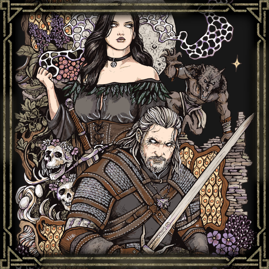 Artwork of Geralt and Yennefer. Geralt of Rivia and Yennefer of Vengerberg share one of the most complicated relationships in The Witcher. Their lives are intertwined through the Law of Surprise, magic, destiny, and a powerful love that repeatedly draws them back together. Despite years of separation and conflict, Geralt and Yennefer remain deeply connected, while their shared devotion to Ciri ultimately brings their family together.