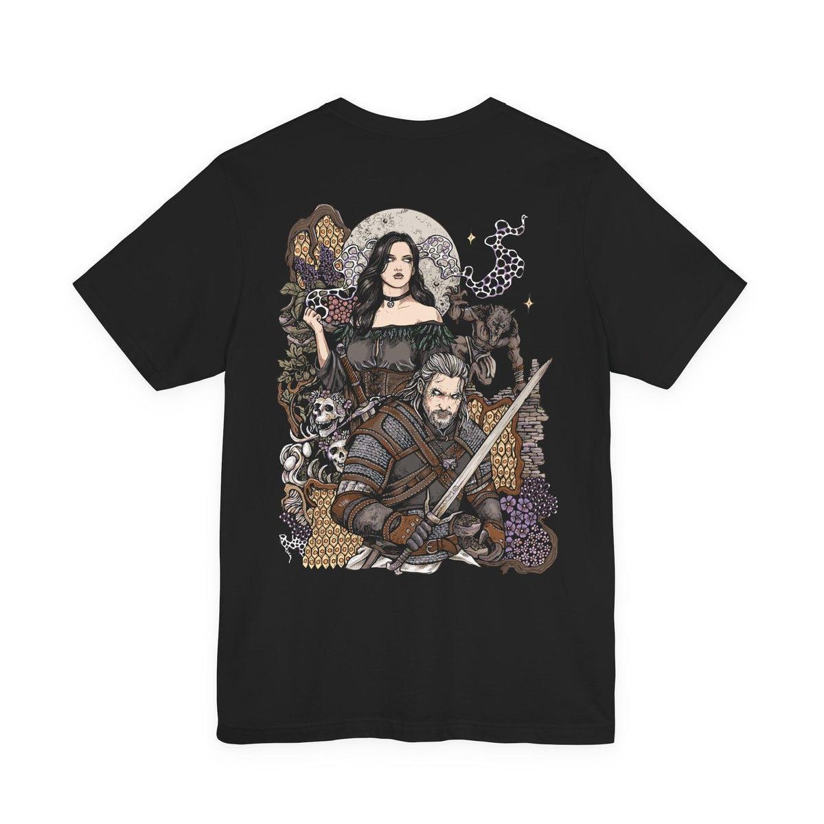 Image 5 of a T-Shirt artwork depicting Geralt of Rivia and Yennefer of Vengerberg standing together beneath a stormy sky, with the Witcher holding his sword and Yennefer surrounded by swirling violet magic. Dark clouds, mist, and distant mountains frame the pair as they face an uncertain future. The design reflects their complicated romance, magical connection, and destiny as part of Ciri's family.