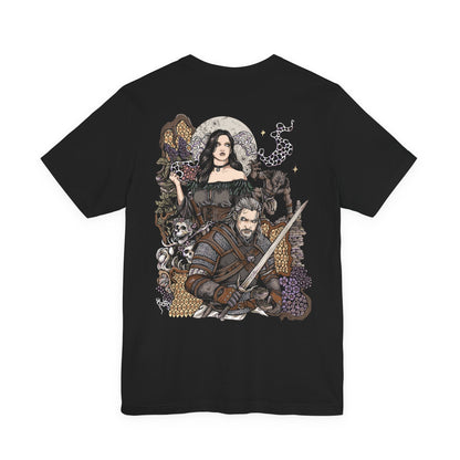 Image 5 of a T-Shirt artwork depicting Geralt of Rivia and Yennefer of Vengerberg standing together beneath a stormy sky, with the Witcher holding his sword and Yennefer surrounded by swirling violet magic. Dark clouds, mist, and distant mountains frame the pair as they face an uncertain future. The design reflects their complicated romance, magical connection, and destiny as part of Ciri's family.