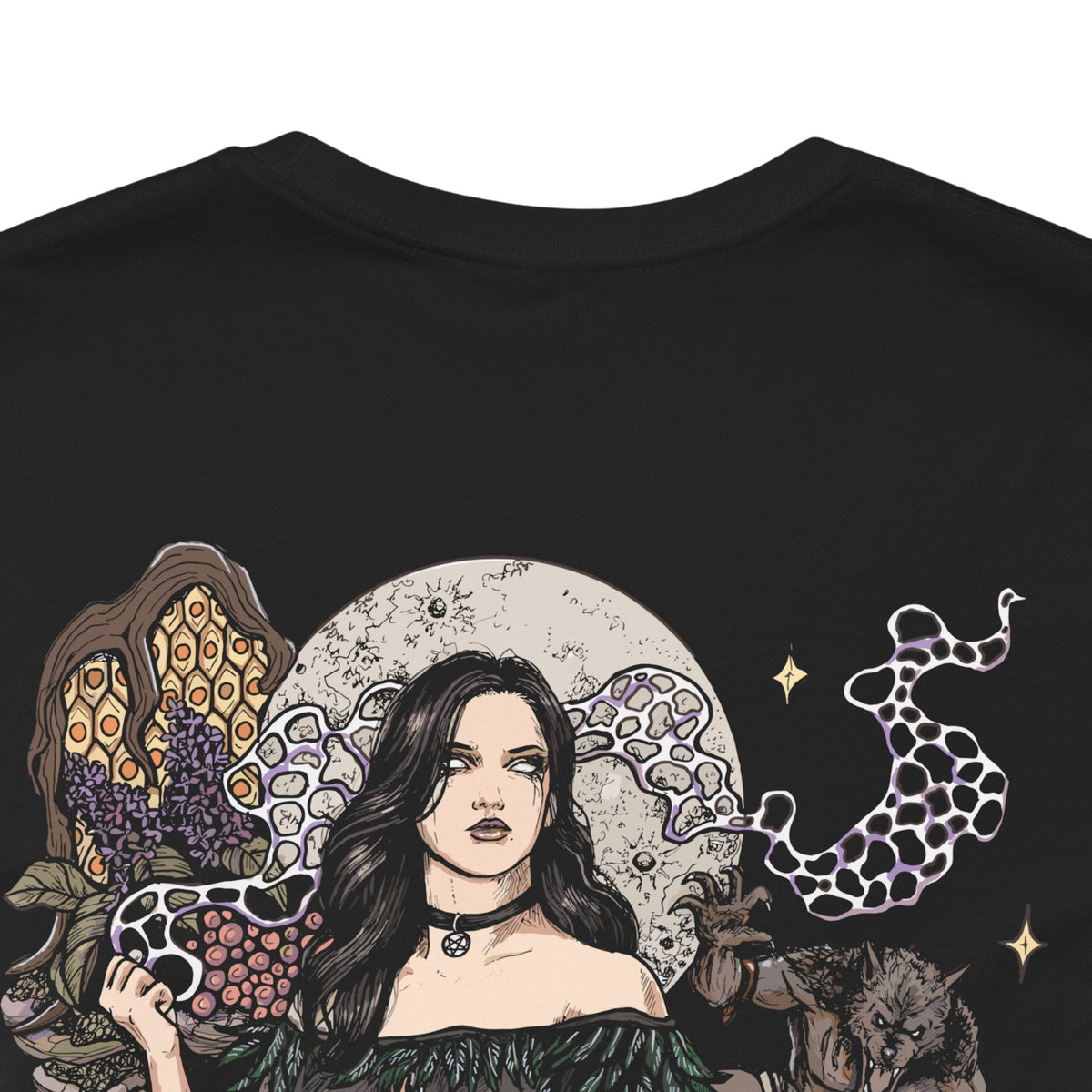 Image 7 of a T-Shirt artwork depicting Geralt of Rivia and Yennefer of Vengerberg standing together beneath a stormy sky, with the Witcher holding his sword and Yennefer surrounded by swirling violet magic. Dark clouds, mist, and distant mountains frame the pair as they face an uncertain future. The design reflects their complicated romance, magical connection, and destiny as part of Ciri's family.