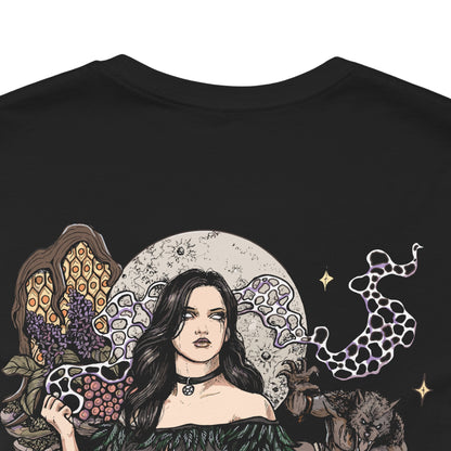Image 7 of a T-Shirt artwork depicting Geralt of Rivia and Yennefer of Vengerberg standing together beneath a stormy sky, with the Witcher holding his sword and Yennefer surrounded by swirling violet magic. Dark clouds, mist, and distant mountains frame the pair as they face an uncertain future. The design reflects their complicated romance, magical connection, and destiny as part of Ciri's family.