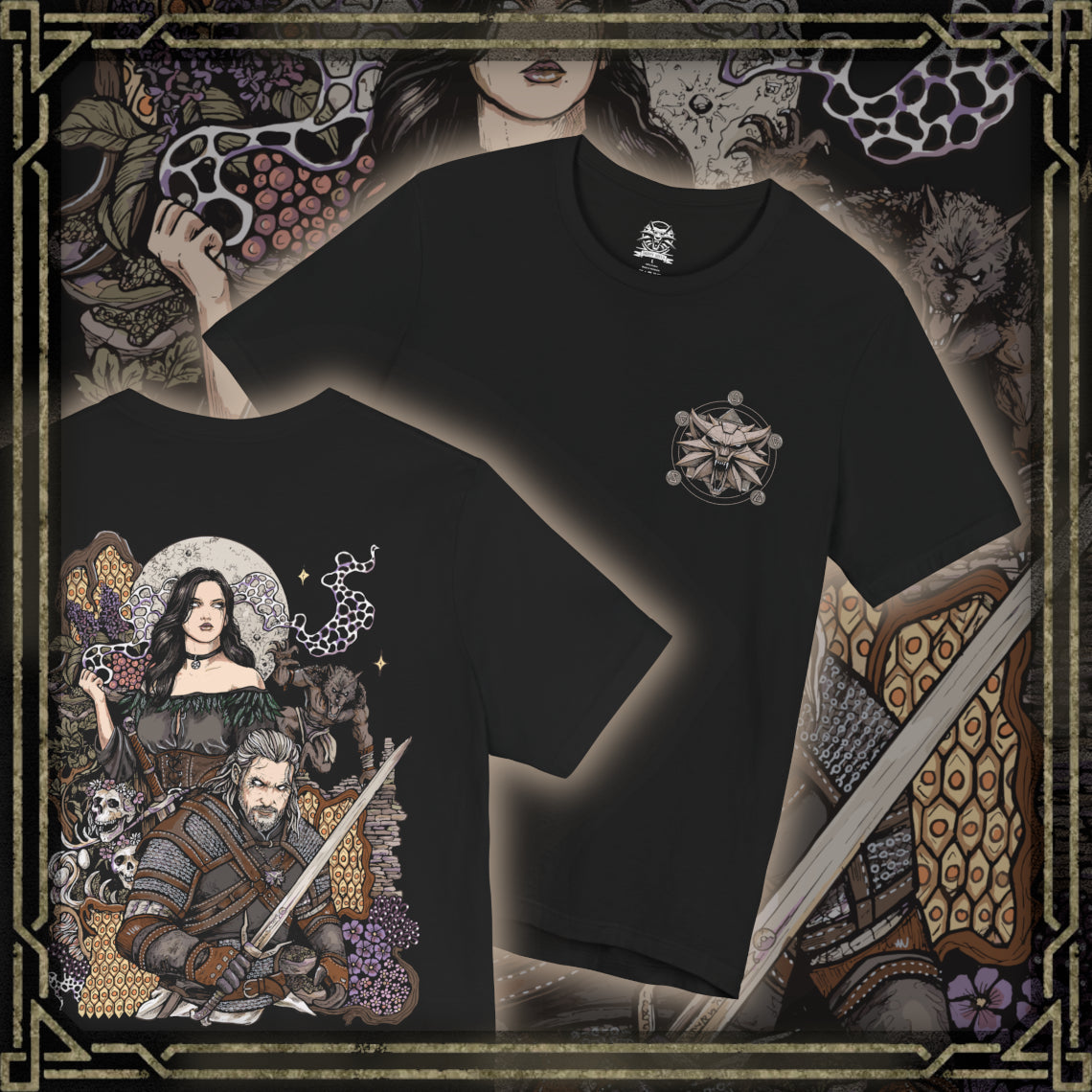 Thumbnail of a T-Shirt artwork depicting Geralt of Rivia and Yennefer of Vengerberg standing together beneath a stormy sky, with the Witcher holding his sword and Yennefer surrounded by swirling violet magic. Dark clouds, mist, and distant mountains frame the pair as they face an uncertain future. The design reflects their complicated romance, magical connection, and destiny as part of Ciri's family.