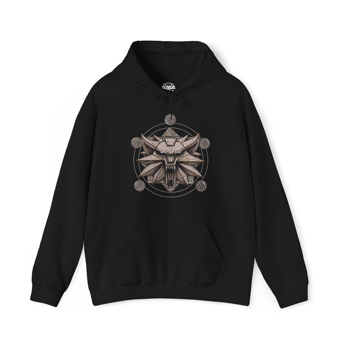 Image 4 of a Hooded Sweatshirt of Geralt of Rivia and Yennefer of Vengerberg standing together in a misty wilderness, Geralt wielding his sword while Yennefer summons brilliant violet magic. Mountains and dark clouds rise behind them as magical energy illuminates the surrounding landscape. The composition emphasizes their romance, destiny, strength, and enduring bond within the world of The Witcher.