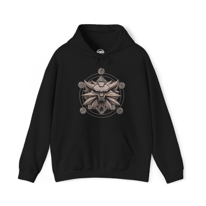 Image 4 of a Hooded Sweatshirt of Geralt of Rivia and Yennefer of Vengerberg standing together in a misty wilderness, Geralt wielding his sword while Yennefer summons brilliant violet magic. Mountains and dark clouds rise behind them as magical energy illuminates the surrounding landscape. The composition emphasizes their romance, destiny, strength, and enduring bond within the world of The Witcher.