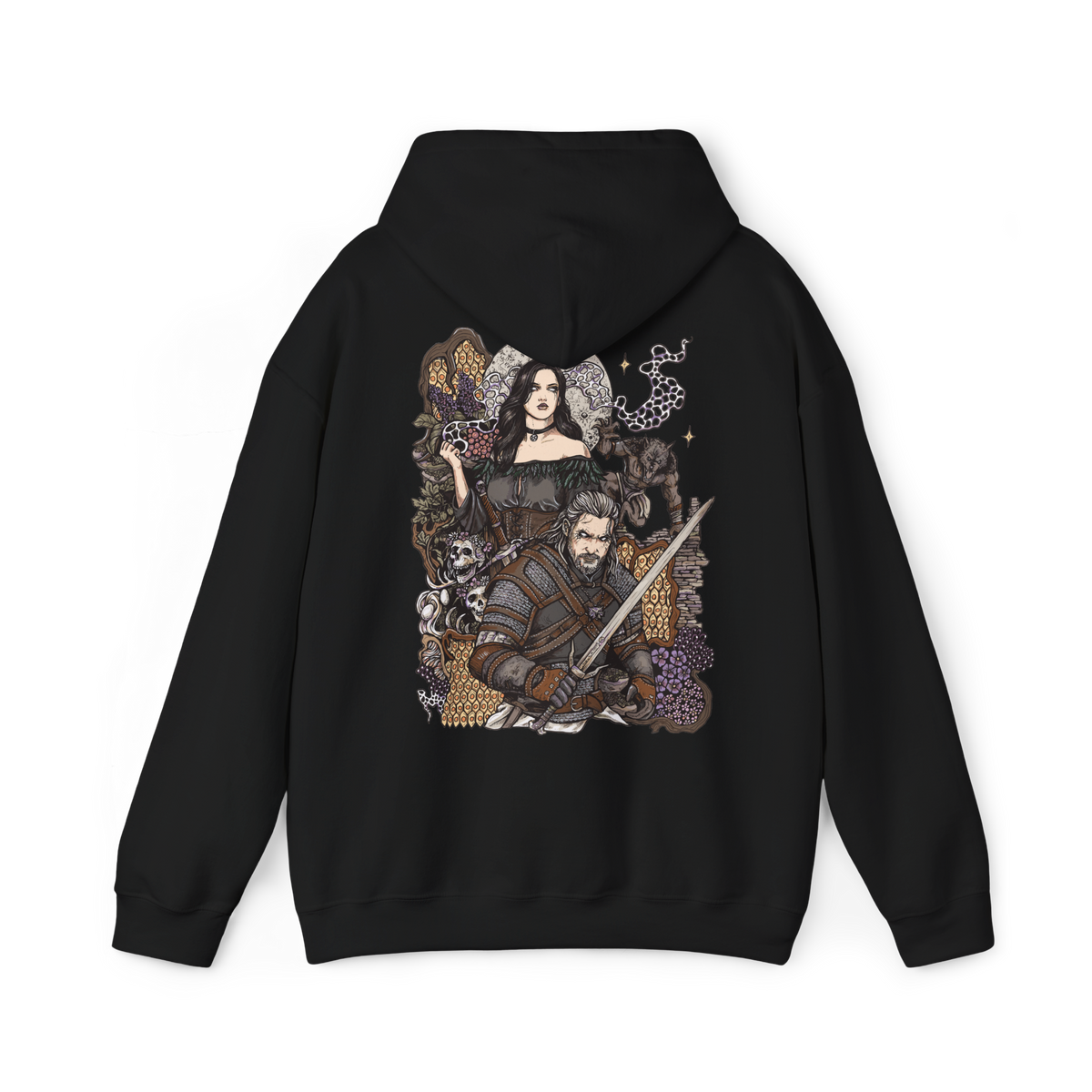 Image 5 of a Hooded Sweatshirt of Geralt of Rivia and Yennefer of Vengerberg standing together in a misty wilderness, Geralt wielding his sword while Yennefer summons brilliant violet magic. Mountains and dark clouds rise behind them as magical energy illuminates the surrounding landscape. The composition emphasizes their romance, destiny, strength, and enduring bond within the world of The Witcher.
