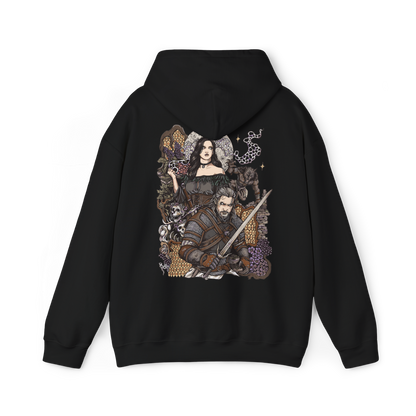 Image 5 of a Hooded Sweatshirt of Geralt of Rivia and Yennefer of Vengerberg standing together in a misty wilderness, Geralt wielding his sword while Yennefer summons brilliant violet magic. Mountains and dark clouds rise behind them as magical energy illuminates the surrounding landscape. The composition emphasizes their romance, destiny, strength, and enduring bond within the world of The Witcher.