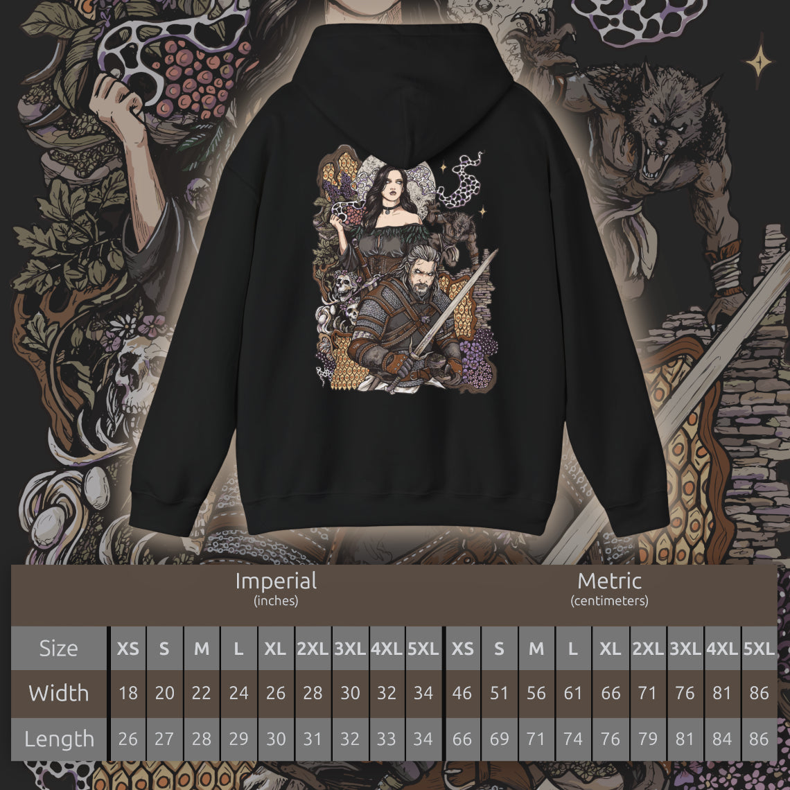 Size chart of a Hooded Sweatshirt of Geralt of Rivia and Yennefer of Vengerberg standing together in a misty wilderness, Geralt wielding his sword while Yennefer summons brilliant violet magic. Mountains and dark clouds rise behind them as magical energy illuminates the surrounding landscape. The composition emphasizes their romance, destiny, strength, and enduring bond within the world of The Witcher.