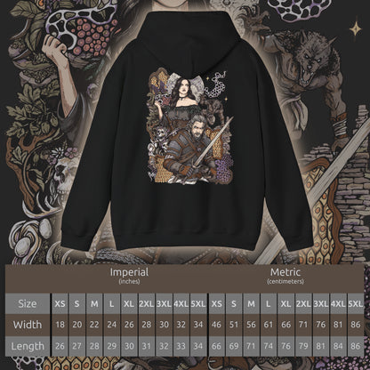 Size chart of a Hooded Sweatshirt of Geralt of Rivia and Yennefer of Vengerberg standing together in a misty wilderness, Geralt wielding his sword while Yennefer summons brilliant violet magic. Mountains and dark clouds rise behind them as magical energy illuminates the surrounding landscape. The composition emphasizes their romance, destiny, strength, and enduring bond within the world of The Witcher.