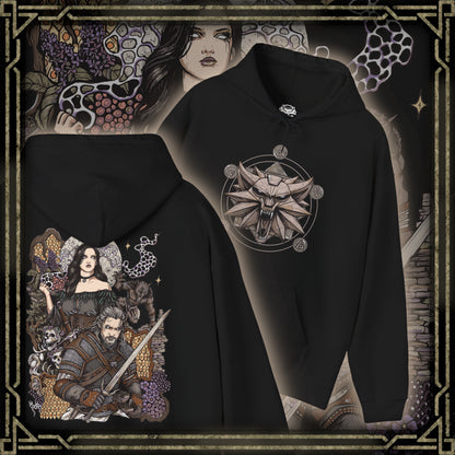 Thumbnail of a Hooded Sweatshirt of Geralt of Rivia and Yennefer of Vengerberg standing together in a misty wilderness, Geralt wielding his sword while Yennefer summons brilliant violet magic. Mountains and dark clouds rise behind them as magical energy illuminates the surrounding landscape. The composition emphasizes their romance, destiny, strength, and enduring bond within the world of The Witcher.
