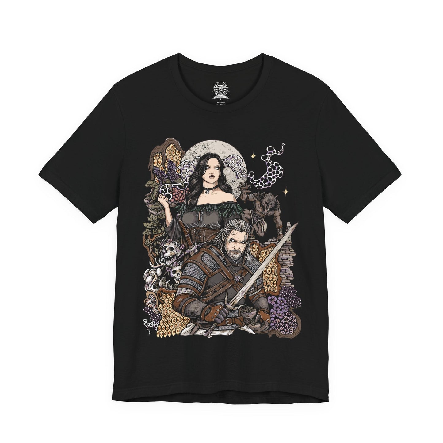 Image 4 of a T-Shirt design featuring Geralt of Rivia and Yennefer of Vengerberg from The Witcher 3, standing together against a dark fantasy landscape. Geralt grips his silver sword while Yennefer channels powerful violet magic beside him, with mist and magical energy surrounding the pair. The design captures their bond, destiny, romance, and shared journey across the Northern Realms.