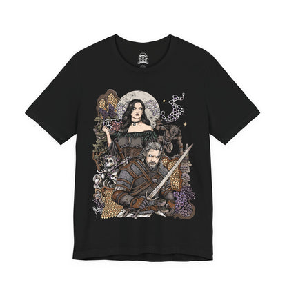 Image 4 of a T-Shirt design featuring Geralt of Rivia and Yennefer of Vengerberg from The Witcher 3, standing together against a dark fantasy landscape. Geralt grips his silver sword while Yennefer channels powerful violet magic beside him, with mist and magical energy surrounding the pair. The design captures their bond, destiny, romance, and shared journey across the Northern Realms.