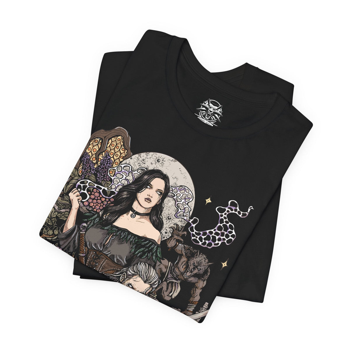 Image 5 of a T-Shirt design featuring Geralt of Rivia and Yennefer of Vengerberg from The Witcher 3, standing together against a dark fantasy landscape. Geralt grips his silver sword while Yennefer channels powerful violet magic beside him, with mist and magical energy surrounding the pair. The design captures their bond, destiny, romance, and shared journey across the Northern Realms.