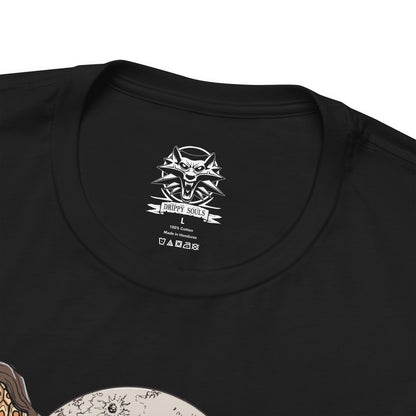 Folded T-Shirt design featuring Geralt of Rivia and Yennefer of Vengerberg from The Witcher 3, standing together against a dark fantasy landscape. Geralt grips his silver sword while Yennefer channels powerful violet magic beside him, with mist and magical energy surrounding the pair. The design captures their bond, destiny, romance, and shared journey across the Northern Realms.