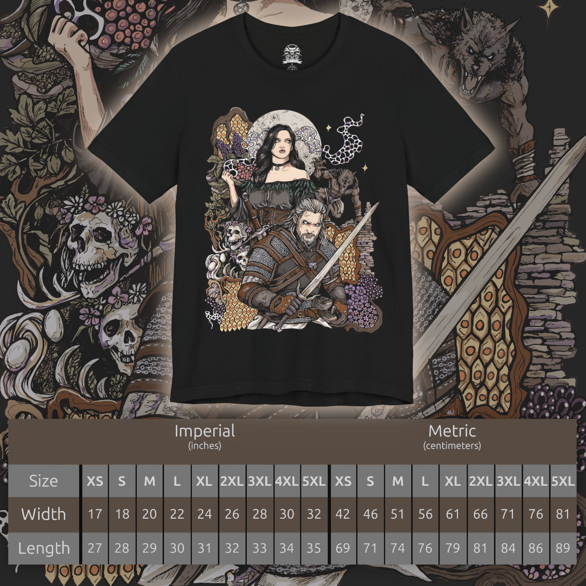Size chart of a T-Shirt design featuring Geralt of Rivia and Yennefer of Vengerberg from The Witcher 3, standing together against a dark fantasy landscape. Geralt grips his silver sword while Yennefer channels powerful violet magic beside him, with mist and magical energy surrounding the pair. The design captures their bond, destiny, romance, and shared journey across the Northern Realms.