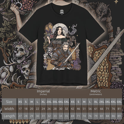 Size chart of a T-Shirt design featuring Geralt of Rivia and Yennefer of Vengerberg from The Witcher 3, standing together against a dark fantasy landscape. Geralt grips his silver sword while Yennefer channels powerful violet magic beside him, with mist and magical energy surrounding the pair. The design captures their bond, destiny, romance, and shared journey across the Northern Realms.