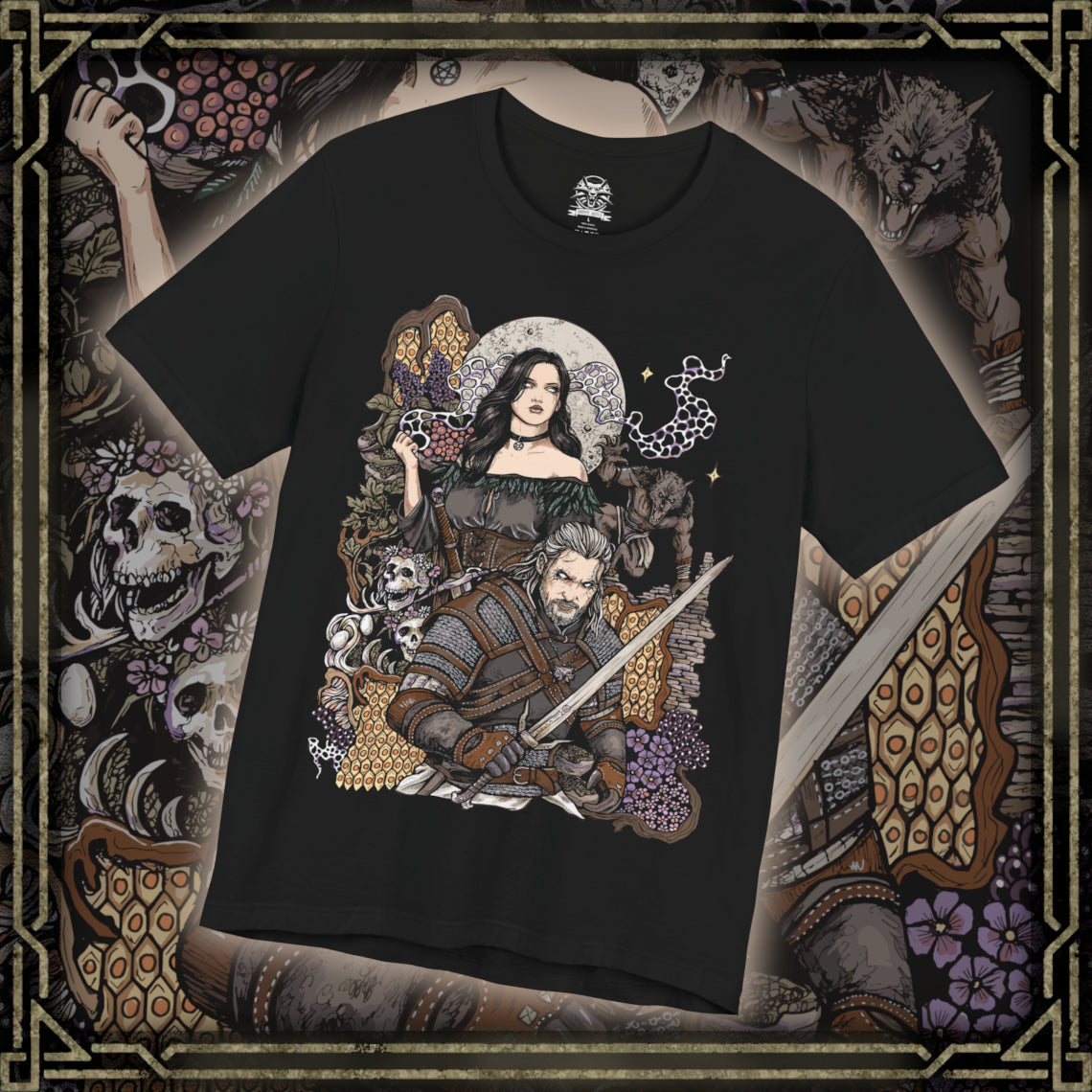 Thumbnail of a T-Shirt design featuring Geralt of Rivia and Yennefer of Vengerberg from The Witcher 3, standing together against a dark fantasy landscape. Geralt grips his silver sword while Yennefer channels powerful violet magic beside him, with mist and magical energy surrounding the pair. The design captures their bond, destiny, romance, and shared journey across the Northern Realms.