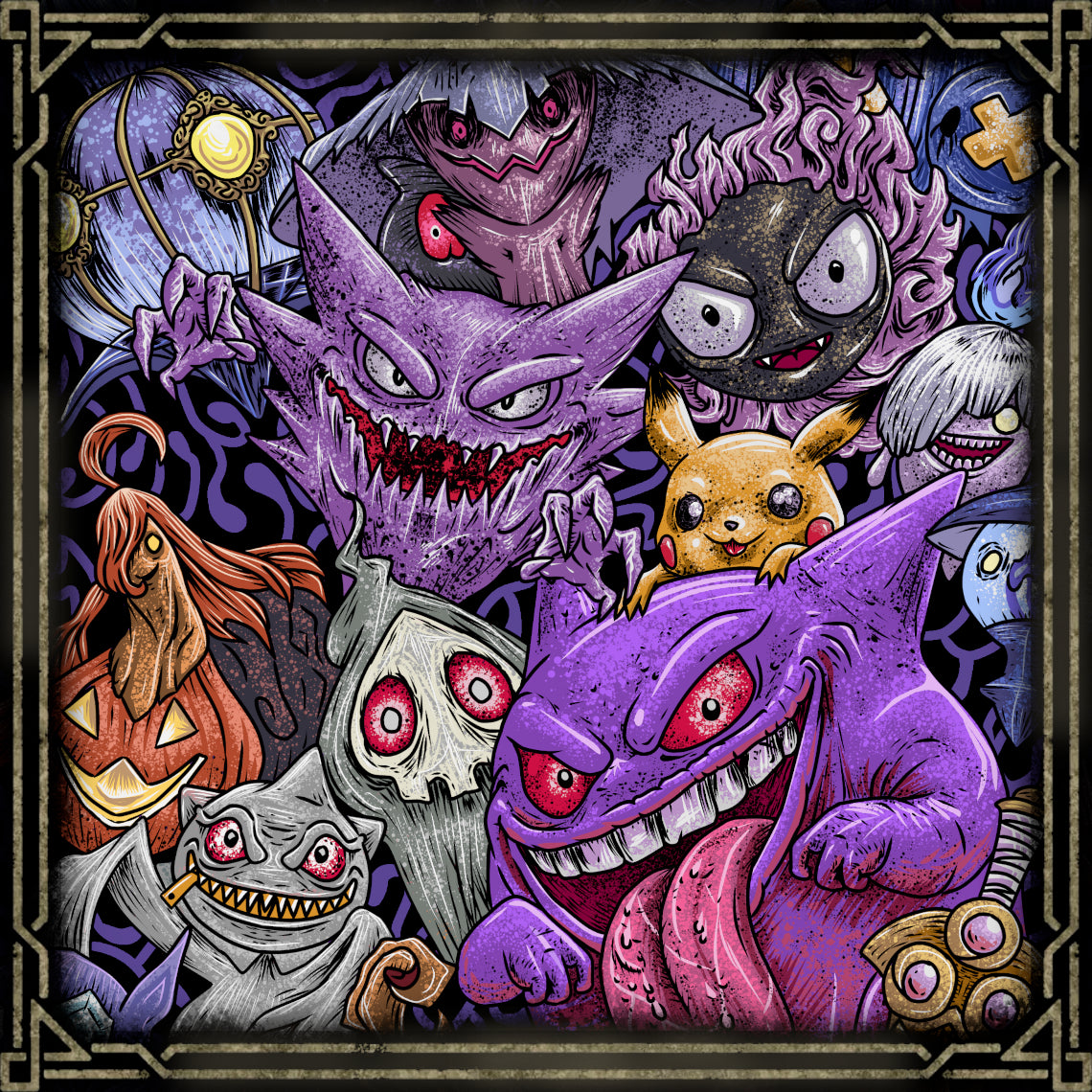 Artwork of Ghost Type. Ghost-type Mons are often misunderstood. They drift through abandoned halls, whisper from the shadows, and occasionally appear where they absolutely shouldn't be. Pokémon like Gengar, Mimikyu, and Dragapult embody the mysteries of the spirit world—and the importance of checking behind you every now and then.