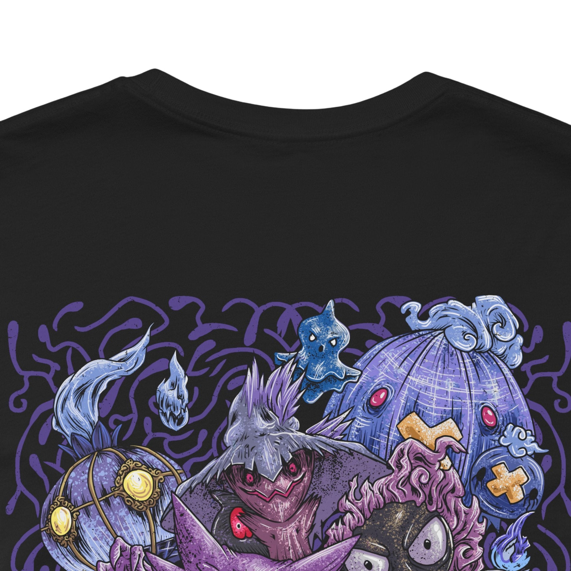 Image 7 of a T-Shirt artwork depicting iconic Ghost-type Pokémon gathered within an ancient haunted forest, surrounded by floating wisps, twisted trees, and spectral flames. Ethereal fog blankets the ground while ghostly silhouettes emerge from the shadows. The design reflects the eerie beauty, mischievous personalities, and supernatural powers that have made Ghost-type Pokémon some of the most beloved creatures in the franchise.