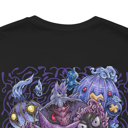 Image 7 of a T-Shirt artwork depicting iconic Ghost-type Pokémon gathered within an ancient haunted forest, surrounded by floating wisps, twisted trees, and spectral flames. Ethereal fog blankets the ground while ghostly silhouettes emerge from the shadows. The design reflects the eerie beauty, mischievous personalities, and supernatural powers that have made Ghost-type Pokémon some of the most beloved creatures in the franchise.